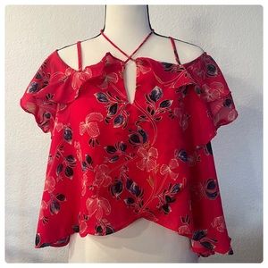 Japna Womens Crop Top Pink Blue Floral Cold Shoulder Keyhole Neck Tulip Hem M.